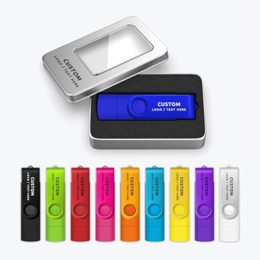 Imagem de Pen drive USB OTG personalizado, pacote com 100 unidades de pen drive de memória USB duplo, ideal para presentes corporativos, eventos de negócios e brindes promocionais (64 GB, com caixa de metal)