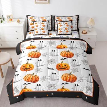 Imagem de Erosebridal Jogo de cama casal de 7 peças, lanterna de abóbora em uma bolsa, conjunto de cama fantasma de desenho animado inclui edredom, conjunto de lençóis, fronhas e fronhas, decoração de quarto de