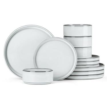 Imagem de Onader Conjuntos de louça de grés, 12 peças de pratos e tigelas para 4, utensílios de jantar de cerâmica com fundo rústico de terracota - branco glaciar