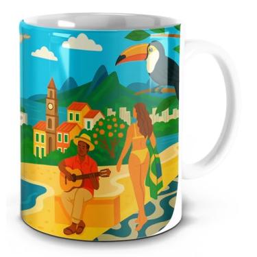 Imagem de Caneca Rio de Janeiro – Arte Colorida com Cristo, Pão de Açúcar, Bondinho e Praia | Estampa Turística Brasileira (Branco)