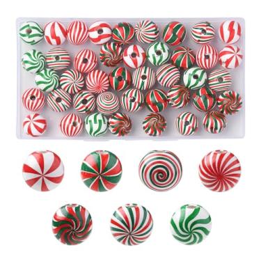 Imagem de Beadthoven 42 peças de contas de madeira de Natal impressas bengala doce contas de madeira natural para artesanato vermelho verde branco pirulito redondo redemoinho listrado espaçadores focais para