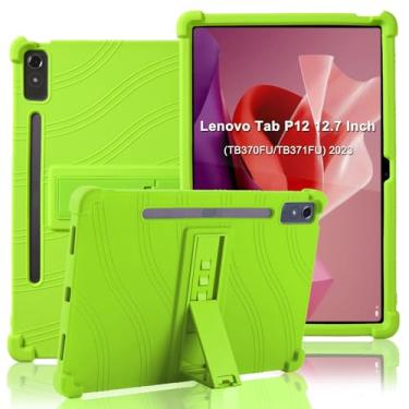 Imagem de ATOOZ Capa infantil Lenovo Tab P12 12,7 polegadas 2023 de silicone à prova de choque com suporte e suporte para caneta (verde)
