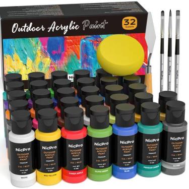 Imagem de Conjunto de tinta acrílica Nicpro 32 cores com pincel e esponja 60mL