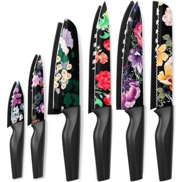 Imagem de Astercook Conjunto de facas, 12 peças de facas de cozinha de flores com protetores de lâmina, pode ser lavado na lava-louças, aço inoxidável alemão de alto carbono, presentes perfeitos para cozinha