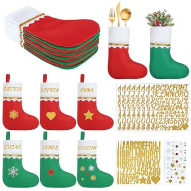 Imagem de Conjunto de 48 mini meias de Natal a granel com 34 folhas, adesivos de vinil autoadesivos, vermelho e verde, faça você mesmo, meias de Natal de feltro, enfeites para pendurar na árvore, saco de