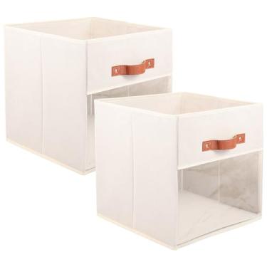 Imagem de 2 caixas de armazenamento de cubos com janela transparente, caixas de armazenamento dobráveis de tecido não tecido de 33 cm, organizadores de armário para livro de roupas e brinquedos