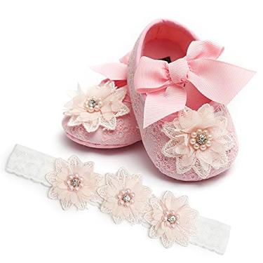 Imagem de QWZban Sapatilhas Mary Jane para bebês meninas com laço de flores macias para recém-nascidos, primeiros andadores, berço, festa de casamento, Natal, sapatos sociais, Rosa Ab4, 12-18 Months Toddler