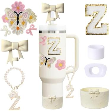 Imagem de Conjunto de acessórios de copo Stanley branco de 13 peças para copo de 850 g 1,134 g com alça, incluindo pingente de alça, adesivo inicial personalizado, topo de palha, bota de silicone, tampa à prova