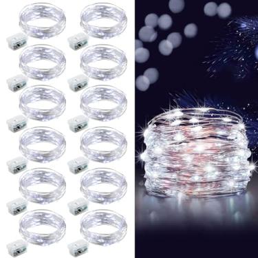 Imagem de Aogist Pacote com 12 luzes de fada, 3 modos, 20 LEDs, à prova d'água, fio de prata, vaga-lume, lua estrelada, mini cordão de luzes para potes de pedreiro, artesanato de Natal, bricolage, festa de