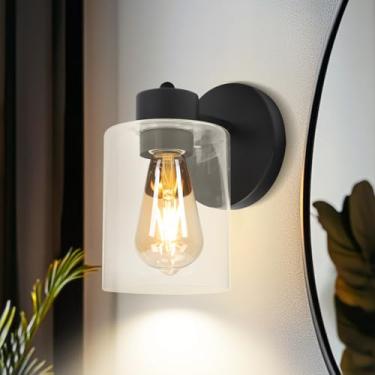 Imagem de Arandelas de parede pretas para banheiro: luminárias com sombra de vidro transparente, base E26 com fio luzes de parede para quarto sala de estar banheiro (lâmpada não incluída)