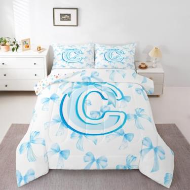 Imagem de jejeloiu Kawaii, conjunto de edredom com laço azul, letra C, para meninos e meninas, edredom fofo com nó de laço de coquete, personalizado, letra C, arte abstrata, monograma, 2 peças com 1 fronha