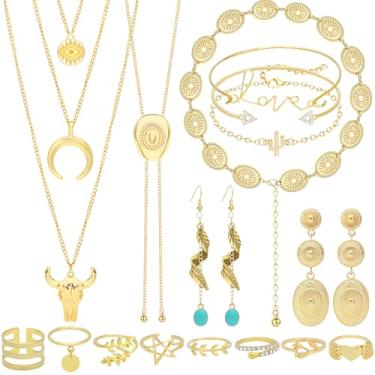Imagem de NEWITIN Conjunto de joias boêmias de ouro com 16 peças para mulheres, moda fantasia, joias, turquesa, colar, pulseira, anel, chian, cinto, brincos, conjunto de joias ocidentais para mulheres