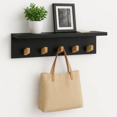 Imagem de Prateleira de Parede com 5 Ganchos em Pinus, Branca, Organizador para Entrada (preto)