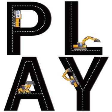 Imagem de Kathfly 4 peças com tema de caminhão de construção, placa de brincar, decoração de parede, arte de parede, decoração de sala de jogos, decoração de quarto de crianças, berçário