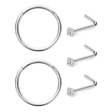 Imagem de Hoeudjo Argola de nariz articulada de aço cirúrgico 20G 18G para mulheres piercing de nariz de cristal transparente 2 mm joia para mulheres e homens, Metal, Zircônia cúbica