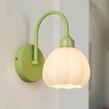 Imagem de Luminária de parede moderna creme verde decoração para casa luminária com formato de botão de flor abajur de vidro, luminária de parede de cabeceira elegante francesa para quarto infantil ar