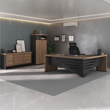 Imagem de Kit Escritório Completo 3 Peças: Mesa Diretor em L Tamburato, Balcão com Gavetas e Armário Multiuso Nogal/Preto