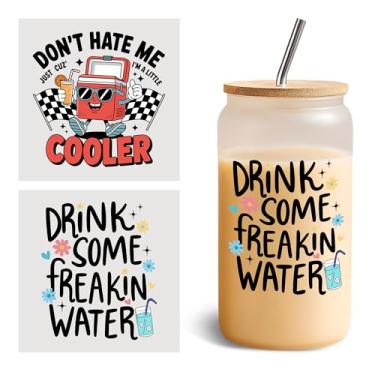 Imagem de Conjunto de 2 peças Drink Some Freakin Water Cooler UV DTF Cup Wraps para copos de vidro de 473 ml Don't Hate Me Just Cuz I'm A Little, decalque de transferência a frio para copos de vidro, caixa