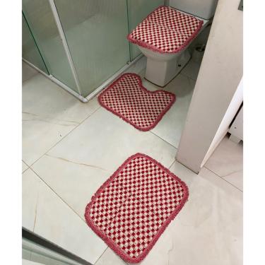 Imagem de Kit 3 Peças Tapete Banheiro Xadrez Daminha Taolha De Piso Chão 50x40cm Várias Cores Vermelho Liso