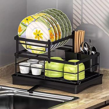 Imagem de AKALNNB Estante de secagem para balcão de cozinha, conjunto de escorredor de louça, escorredor de pratos de ferro, organizador de economia de espaço para bancada com suporte de utensílios (Bianco 36,5