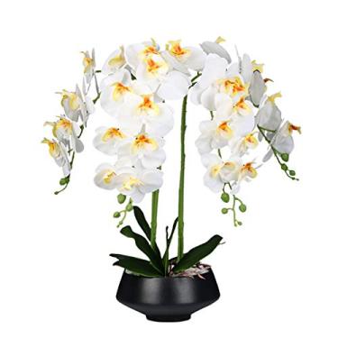 Imagem de DCYEQRQ Flor artificial Phalaenopsis orquídea artificial de seda branca, arranjos florais com vaso preto para decoração de mesa de festa, escritório e casa
