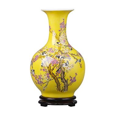 Imagem de AKALNNB Vaso de flores vaso de cerâmica 35,5 cm grande decoração vaso de flores quarto sala de estar amarelo azul e branco porcelana arranjo de flores vasos decorativos dezembro