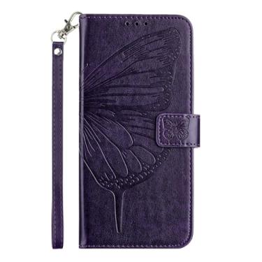 Imagem de Capa carteira para Google Pixel 9 Pro XL, capa flip de couro de borboleta e flor em relevo com suporte para cartão, com alça de pulso capa protetora para iPhone 16 (roxo escuro)