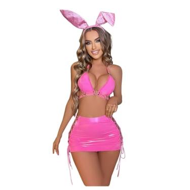 Imagem de WDIRARA Conjunto de lingerie feminina com 3 peças de fantasia de marinheiro cosplay listrado com shorts rosa choque sólido pequeno