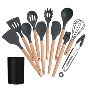 Imagem de Kit Talheres Silicone 12 Peças Cabo Madeira Leve Premium Antiaderente Espátula Durável Organizador Cozinha Cozinhar Resistentes Altas Temperaturas Colher Concha Design.