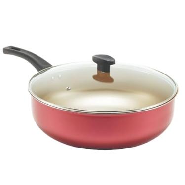 Imagem de Frigideira Grande Funda Alta Wok Antiaderente 30 Cm Com Tampa De Vidro frigideira com tampa Ideal para Família e Presente(Cereja e bege)