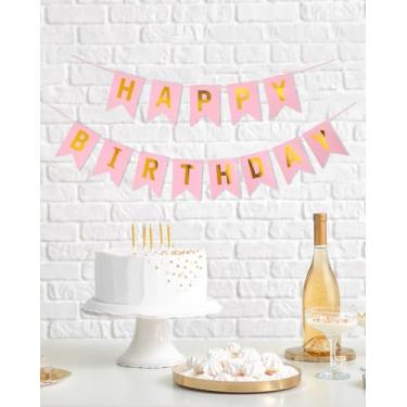 Imagem de Faixa de feliz aniversário, decorações de festa brilhantes com 13 bandeiras, guirlanda ajustável para adultos, mulheres, homens e cenários fotográficos - rosa