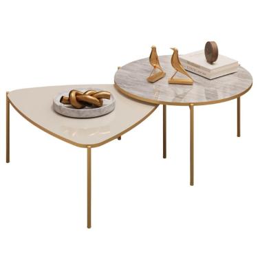 Imagem de Kit 2 Mesas Centro Lina Cleia Pés Metal Off White Quartzo Dj Moveis