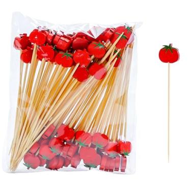 Imagem de 100 peças de palitos de coquetel de tomate de bambu de 12 cm, espetos de enfeite de frutas e bebidas vermelhas para festas havaianas de dia de Ação de Graças Luau Halloween