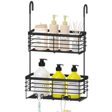 Imagem de DELLAN Suporte de chuveiro de 2 camadas, suporte de chuveiro com ganchos sobre a porta, orangizador e cesta de aço inoxidável (preto)