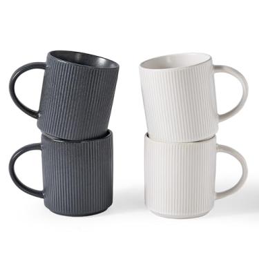 Imagem de famiware Conjunto de canecas de café para 4, Star 473 ml, conjunto de canecas de bufê com alça para café, chá, cacau, leite - conjunto de utensílios de cerâmica de grés, branco fosco + carvão escuro