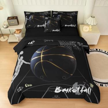 Imagem de Yadangxiawa Jogo de cama de basquete com 6 peças, solteiro, para adolescentes, com 1 colcha + 1 lençol de cima + 1 lençol com elástico + 2 fronhas + 1 capa de almofada (solteiro)