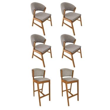 Imagem de Kit 4 Cadeiras De Jantar Debora Madeira Maciça Com 2 Banquetas Ana Cerejeira Premium Linho Bege