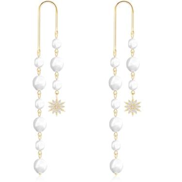 Imagem de unixmoment Brincos longos pendentes de pérola de cristal delicado 14 K com franja de estrela de strass brilhante para mulheres, Large, Metal, Sem pedra preciosa