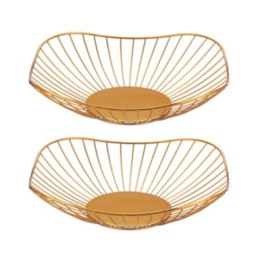 Imagem de Pacote com 2 cestas de arame douradas, criativas, modernas, curvas, de metal, frutas, legumes, pão, suporte decorativo, tigelas de servir, suporte de cesta