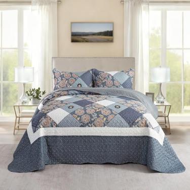 Imagem de NEWLAKE Conjunto de colcha Queen, conjunto de colcha, floral quadrado delicado, reversível, leve e respirável para todas as estações, colcha acolchoada macia com 2 fronhas