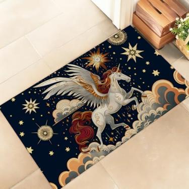 Imagem de amepay Tapete de porta interior de unicórnio branco, elegante 43 x 75 cm capacho de chão de tecido não tecido com arte de fantasia Pegasus, tapetes estrelados, para varanda, quarto, sala de estar