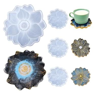 Imagem de YXDGSG Moldes grandes de resina de 35,56 cm moldes de resina de flor de silicone + 4 peças de porta-copos conjunto de moldes de silicone faça você mesmo arte artesanato tapetes de copo de resina epóxi