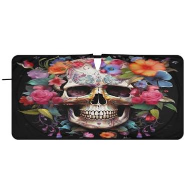 Imagem de Blueangle Para-brisa de caveira de flor - 149.9 cm x 76.2 cm dobrável carro janela dianteira para-sol blocos raios UV viseira de sol (686)