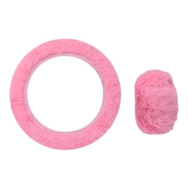 Imagem de Conjunto de 2 peças de capa de volante de carro de pelúcia antiderrapante com capa de câmbio peluda macia e confortável conjunto de acessórios de carro de pelúcia adequado para a maioria dos carros
