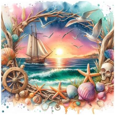 Imagem de Lophomie Diamond Art Beach, kits de arte de diamante para adultos, kits de pintura de diamante 5D para iniciantes, pintura completa redonda DIY com diamantes artesanato para decoração de parede de