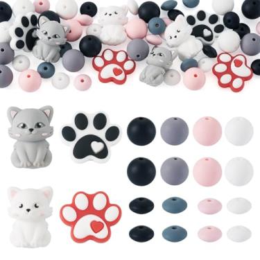 Imagem de Boutigem 52 contas de silicone para gatos, estampa de pata de gato, contas focais de 15 mm, contas redondas de chiclete de 12 mm, contas de lentilha de silicone para chaveiro, faça você mesmo
