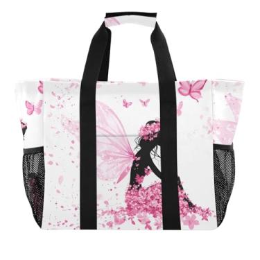 Imagem de ODAWA Bolsas de praia para uso diário à prova d'água com borboletas rosa e flores de fada, bolsa de verão com bolsos para viagens, Flores de fada, borboletas, rosa, One Size