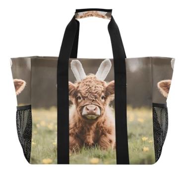 Imagem de ODAWA Bolsa de supermercado resistente à água grande de vaca Highland Cute da Páscoa - Bolsa de praia de férias de lona durável com bolsos com zíper, Vaca Highland Cute Easter, One Size