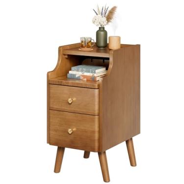 Imagem de Mesa de cabeceira estreita, mesa de cabeceira de madeira maciça com 2 gavetas, mesa de cabeceira moderna de nogueira de meados do século, pequena mesa ao lado com prateleira de armazenamento aberta