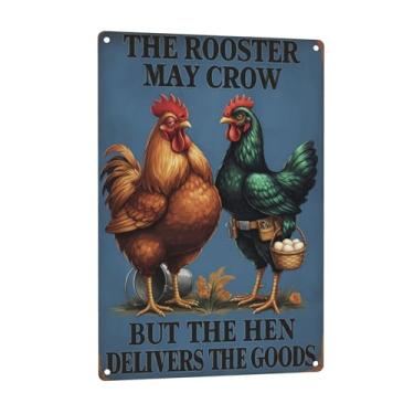 Imagem de URVIP Placa de alumínio The Rooster May Crow BUT The Hen Delivers The Goods Placa engraçada de fazenda de galinha vintage decoração de galinha e galo placa de cozinha ou galinheiro 20 x 30 cm estilo